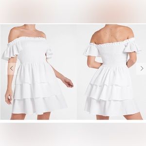 NWT Express Off The Shoulder White Smocked Bodice Ruffle Tiered Dress.